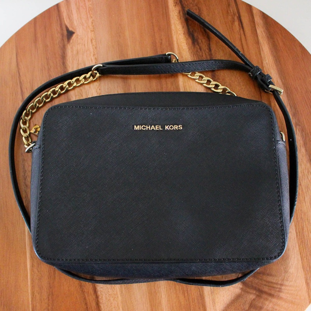 Michael Kors Crossbody Bag Black Saffiano Leather Gold Chain Strap Top Zip *Flaw